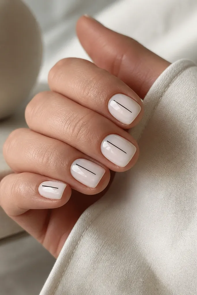 Short nails in milky white glossy; each nail has a single thin black vertical line starting near the cuticle and stopping before the tip.