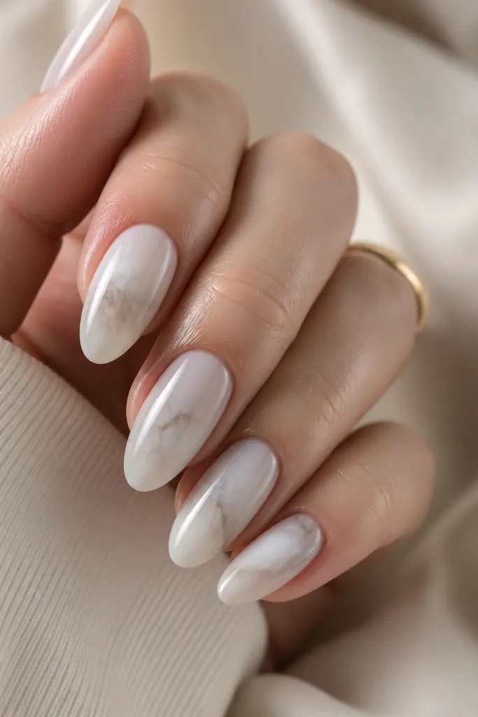 Short nails painted milky white glossy; pale gray thin streaks run diagonally like marble veining, most visible near the center.