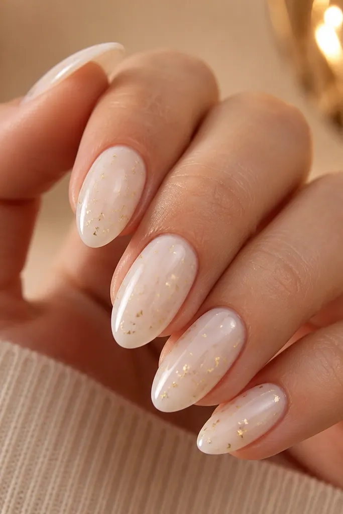 Short milky white glossy nails with tiny gold foil flecks scattered lightly near the tips, not covering the whole nail.