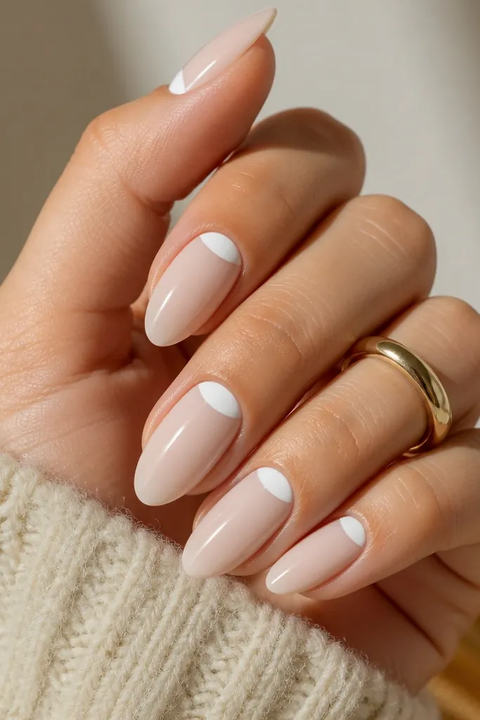 Short nails with a sheer nude base; a thin milky white arc frames the cuticle without covering the whole cuticle area.