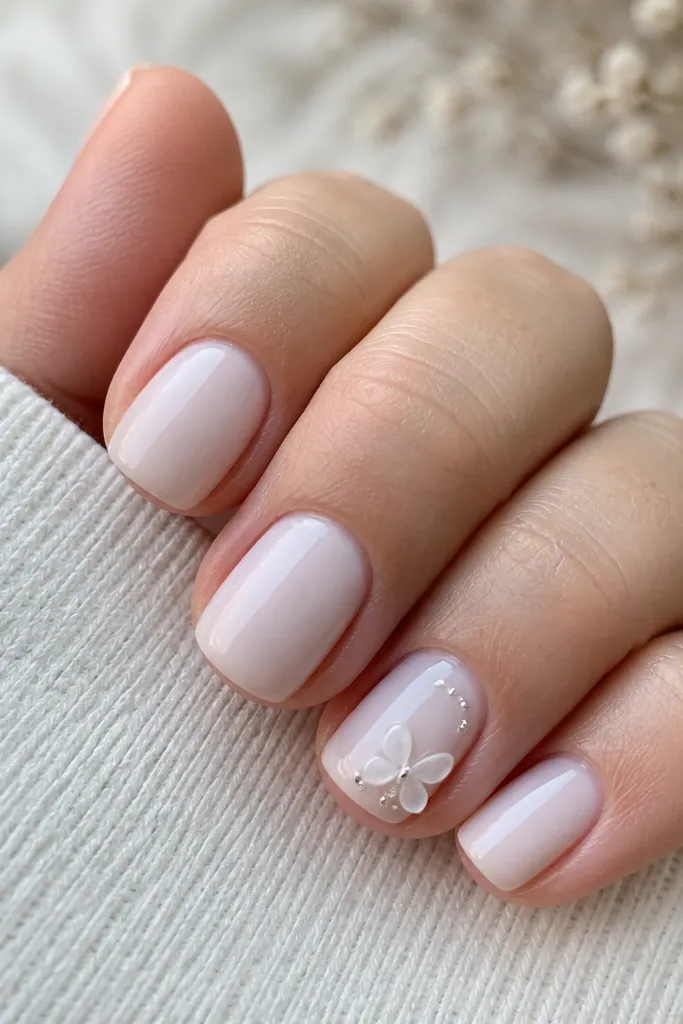 Short nails milky white glossy; one nail has a tiny 3D butterfly charm placed near the sidewall close to the tip, with small clear rhinestones around it.
