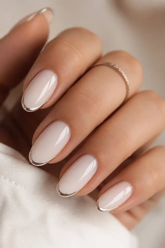 Short nails painted milky white glossy; a single ultra-thin silver line sits right at the free edge, parallel to the nail tip.
