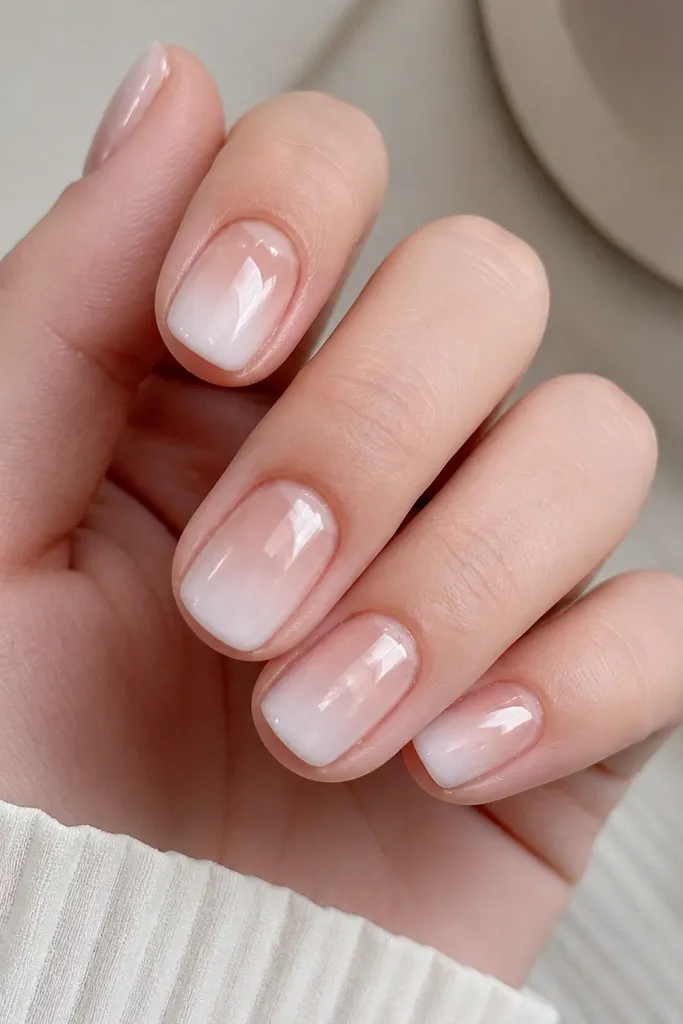 Short nails with milky white blurred at the tips that melts into a clearer center, almost like a soft cloud effect; glossy finish.