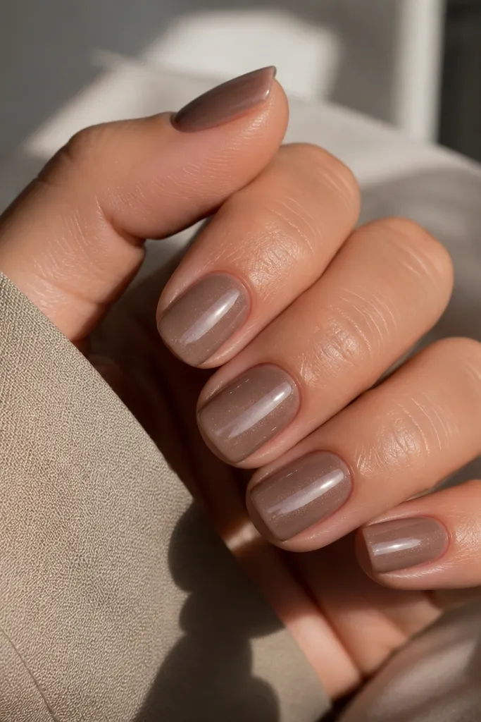 Short square nails in a milky light brown. The cat-eye stripe is visible but slightly softer, and the top coat looks extra glassy.