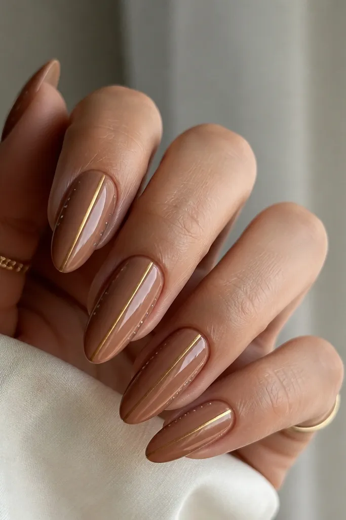 Five almond nails in caramel nude brown with a bright gold center stripe. Tiny silver micro dots sit near the sidewalls, not over the stripe.