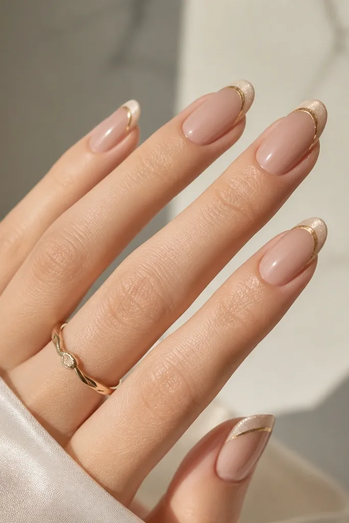 Nails are nude-brown with a cat-eye magnetic French tip. The tip area shows a gold stripe across the white-ish edge while the base looks sheer and clean.