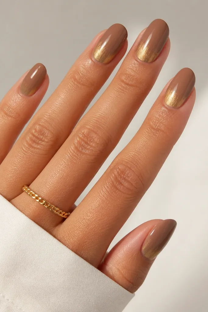 Medium oval nails in light brown. The bright gold stripe starts near the cuticle and fades toward mid-nail, with a glossy top.