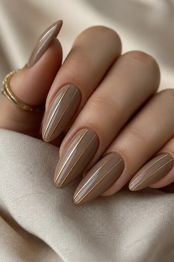 Almond nails with a light latte brown base. Two thin gold lines run parallel down the center, creating a narrow double-cat-eye effect.