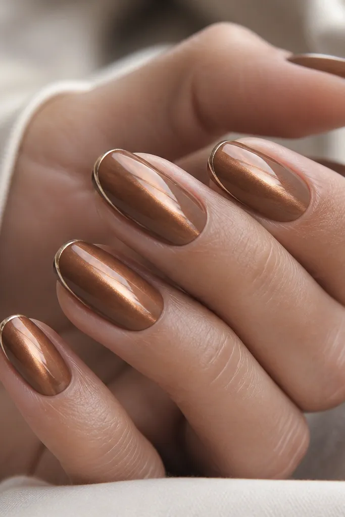 Nails are light brown with a bright center cat-eye stripe. A thin champagne chrome line runs along the outer edge near the free border.