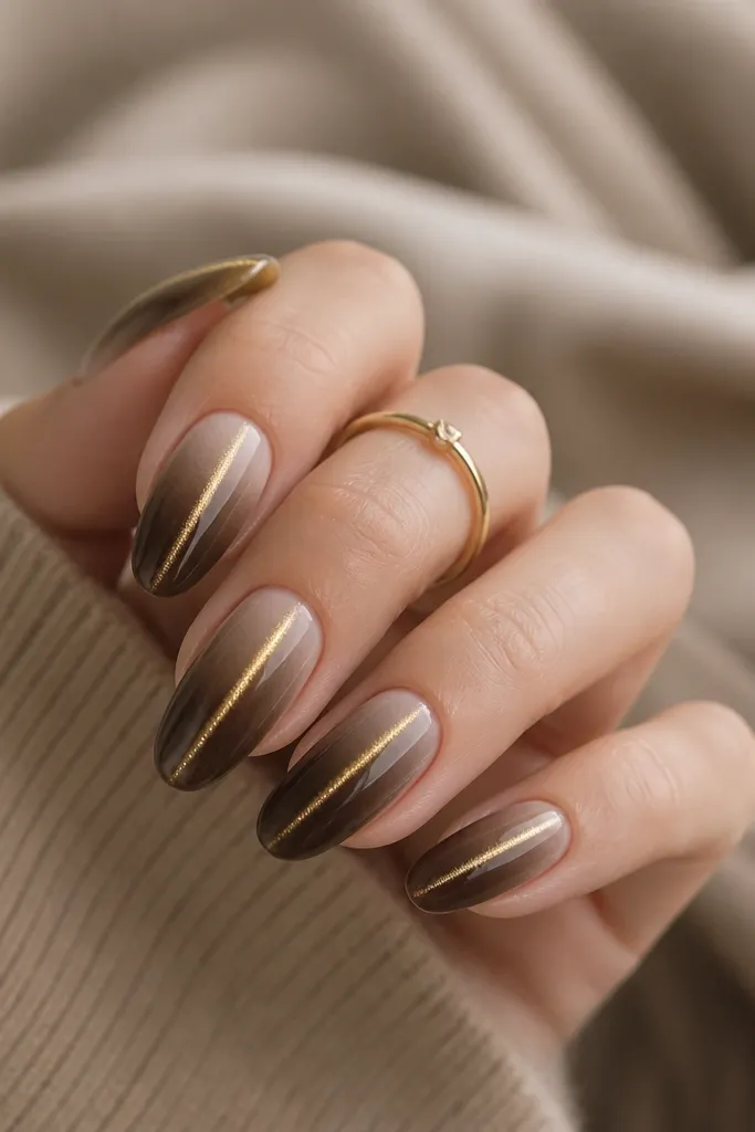 Gradient nails: light latte near cuticles fading into deeper chocolate at the tips. A gold cat-eye stripe sits in the center and stays sharp.