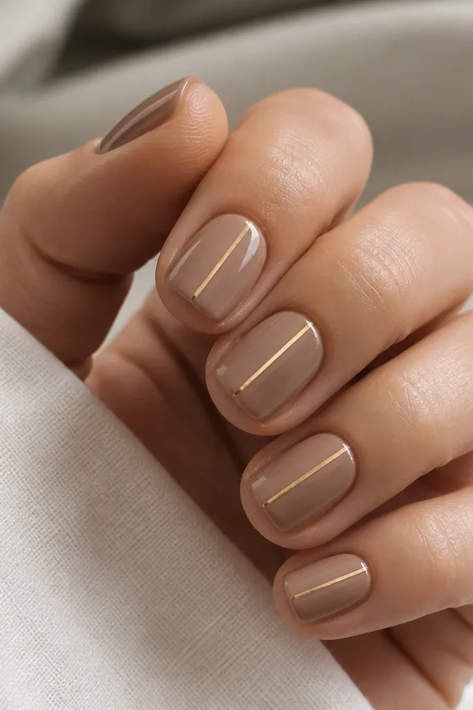 Short square nails in light brown. The gold stripe is narrow and centered, and the sides are clean and sharp.