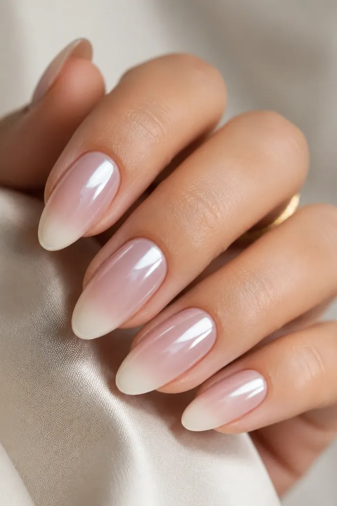 A set of almond nails with a soft ombre: pale pink near the cuticles fading to a creamy pearl shade at the tips. A mirror chrome layer sits mostly on the top third, catching light like a silver-white sheen.