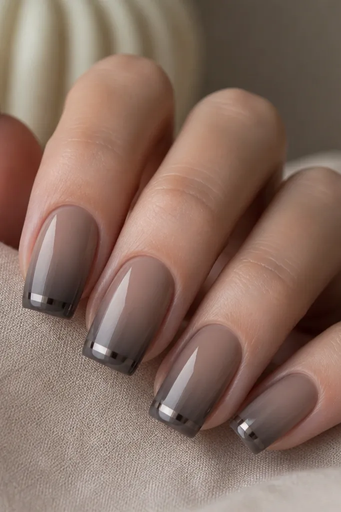 Square nails with a taupe ombre that fades from smoky gray at the tip to taupe-beige near the cuticle. Gunmetal chrome forms a narrow strip close to the tip, with a soft fade upward.
