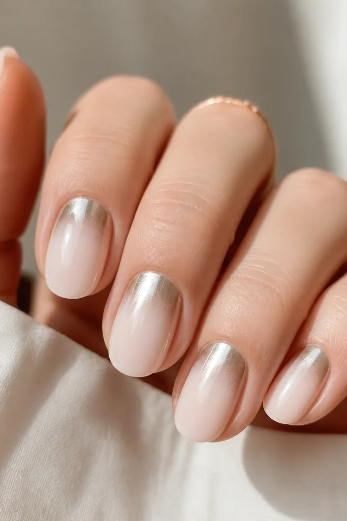 Round nails with a reverse gradient: nude near the tips fading into a brighter, almost milky shade toward the cuticle. Chrome mirror shines right at the cuticle and fades downward in a soft halo.