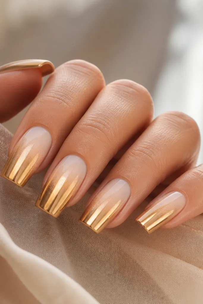 Long square nails with a champagne-gold ombre fading from light beige at the cuticle to deeper gold at the tip. A soft mirror chrome layer blends from the tips upward, not reaching the cuticle.