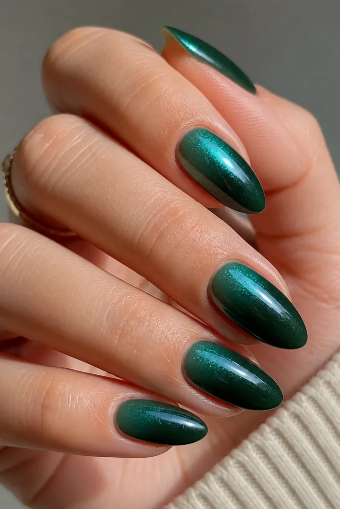 Medium almond nails with an emerald-to-deep green ombre. Teal chrome appears like a mist over the top third, blending from the tips upward with a smooth fade.
