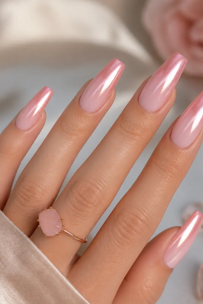 Coffin nails with a rose quartz ombre: pale pink at the cuticle fading into dusty rose at the tip. Pink chrome shines on the top third, with a gentle fade boundary.