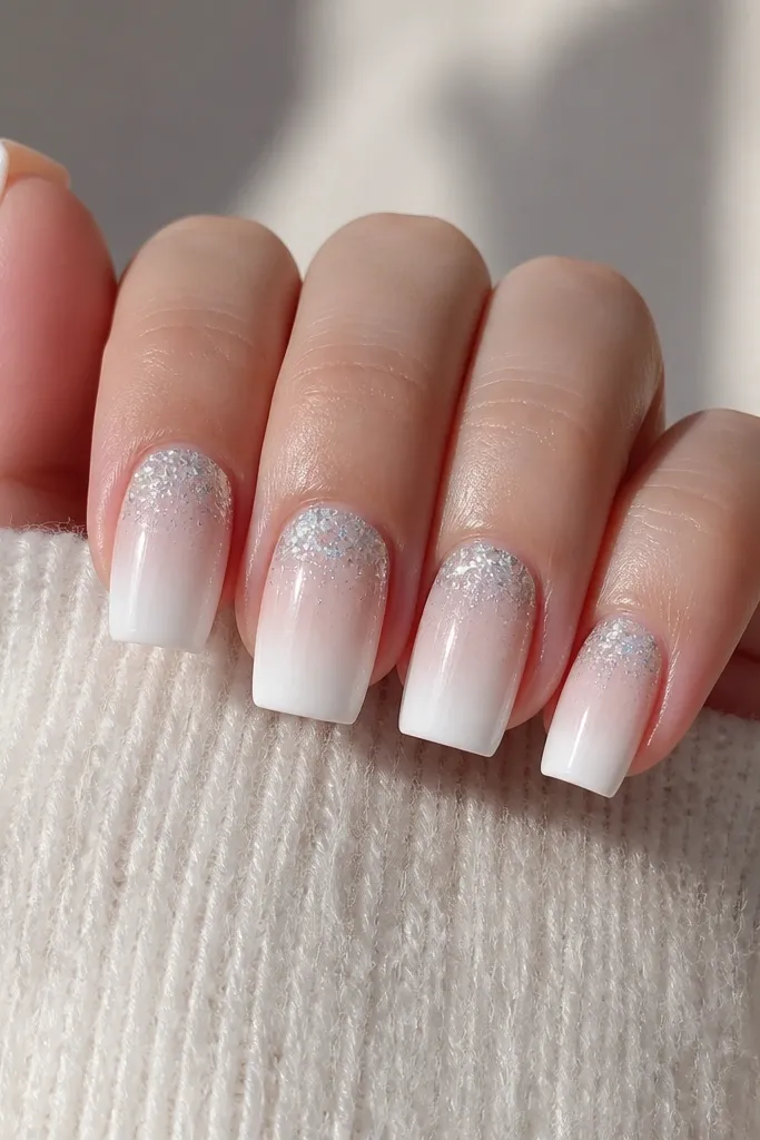 Square nails with a milky white gradient that fades from near-transparent at the cuticle to bright white at the tips. Icy chrome covers the top quarter, looking like frost.