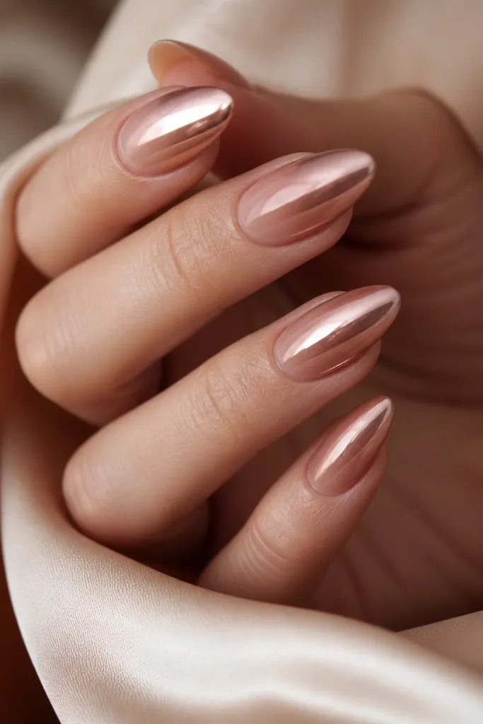 Almond nails with nude-brown ombre fading from warm beige at cuticle to caramel brown at tips. Rose chrome sits on the top half with a soft rose-gold mirror look.