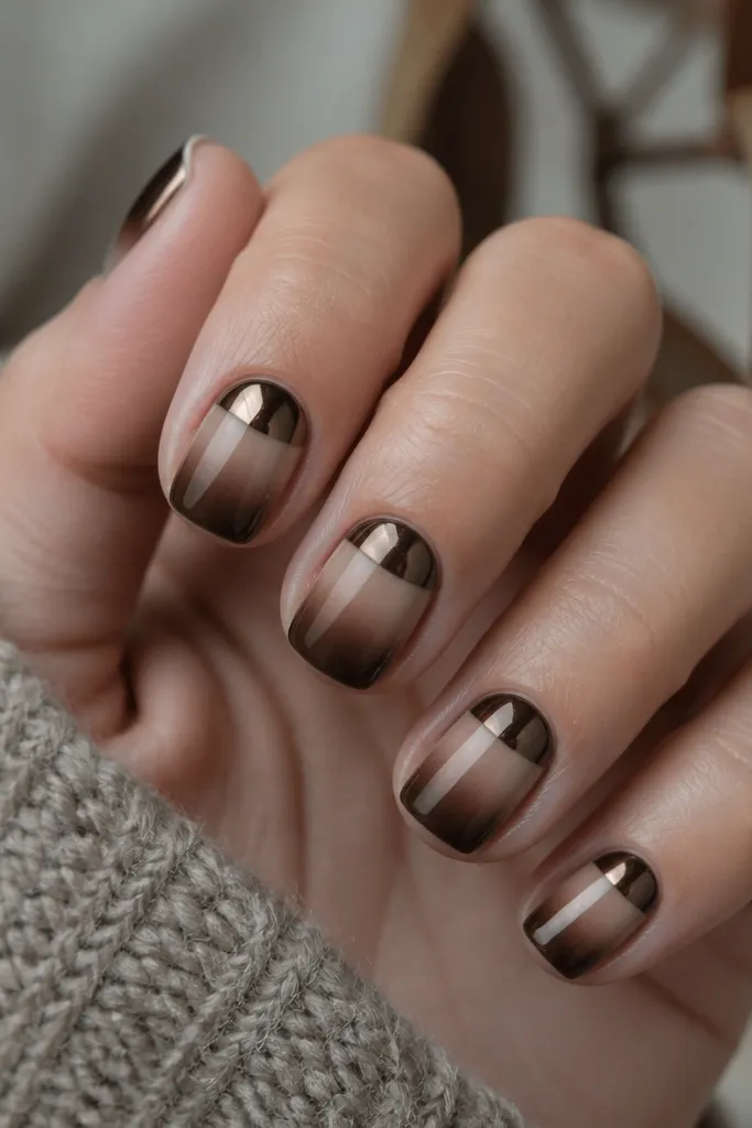 Short square nails with a chocolate-brown ombre fading from warm beige at cuticle to deep chocolate at tips. Dark mirror chrome covers the top quarter with a crisp but soft edge.