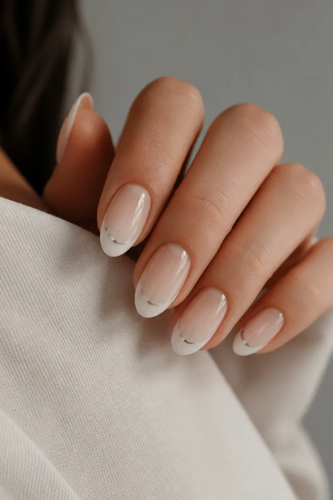 Medium almond nails with a nude-to-white ombre that looks like a French fade. Mirror chrome forms a thin curved 'smile' line just above the tip, with a gentle fade outward.