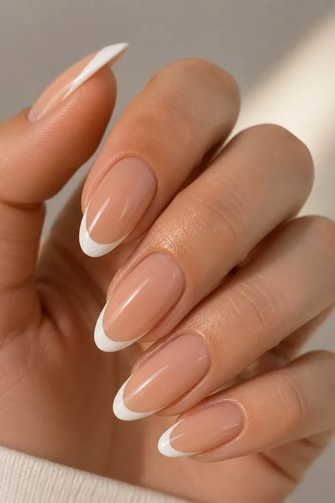 Hands shown with medium-long acrylic coffin nails; sheer nude base, ultra-thin white French tips with a smooth smile line; glossy finish with no decorations.