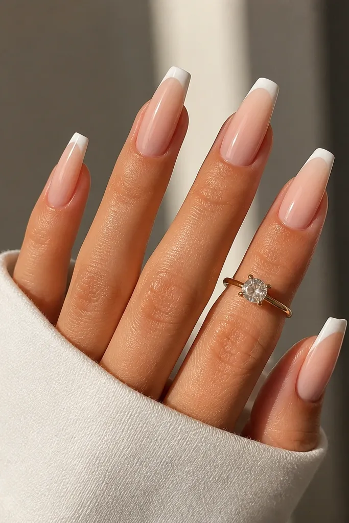 Coffin nails with nude to sheer ombre from base; French tips are still white but with a tiny micro arc at the very top; glossy finish.