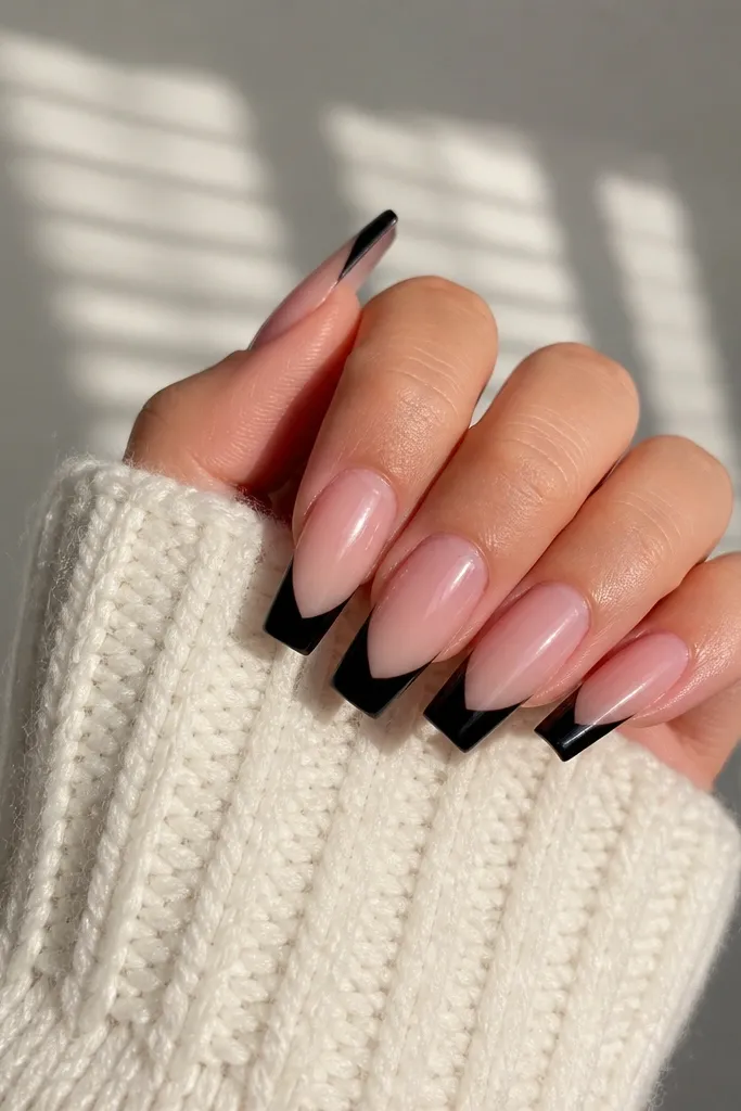 Sheer pink acrylic coffin nails with sharp black French tips; glossy top coat; clean smile line.