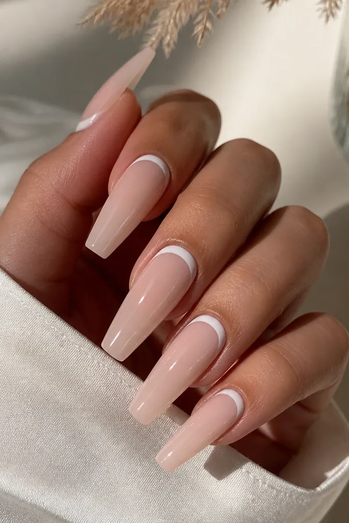 Coffin nails with sheer nude base; the French detail is inside near the cuticle creating a white arc; glossy finish.