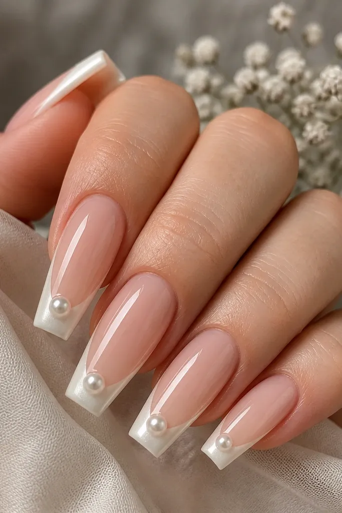 Coffin nails with sheer nude base; off-white French tips with a pearly sheen; one tiny pearl gem centered on each tip; glossy finish.