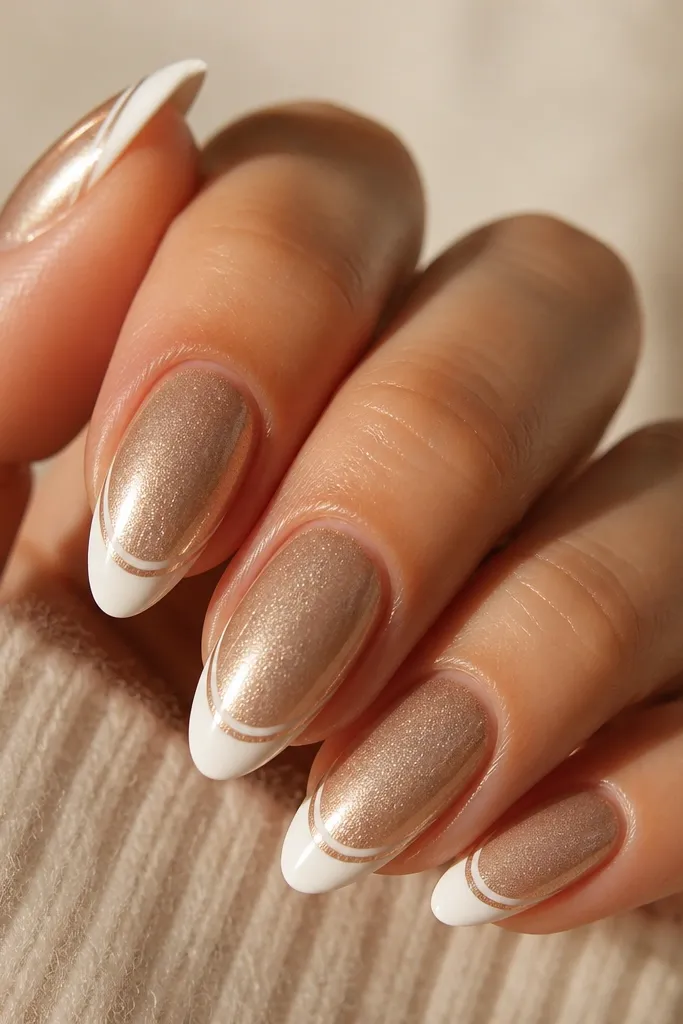 Coffin nails with champagne-glitter nude base; white French tips with a thin top highlight line; glossy finish.