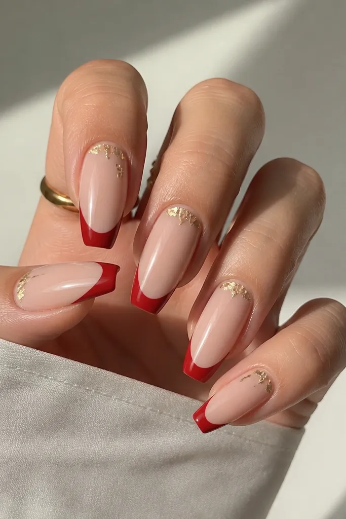 Coffin nails with nude sheer base; glossy red French tips; tiny irregular gold foil flecks near the cuticle and a few on one accent nail.