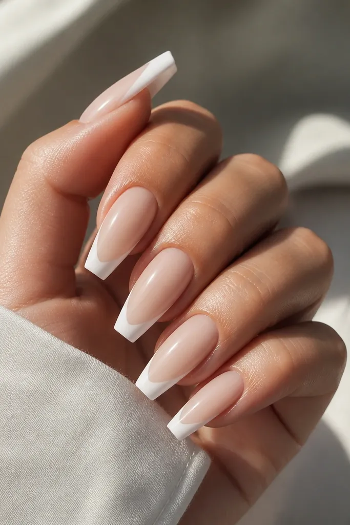 Coffin nails with glossy sheer nude base; French tips are matte white; matte tips have crisp edges; overall nails still look neat and shaped.