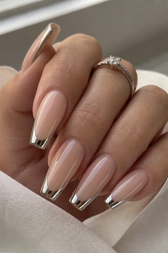 Sheer nude coffin nails with mirror chrome French tips; the smile line is thin and crisp; high shine like polished metal.