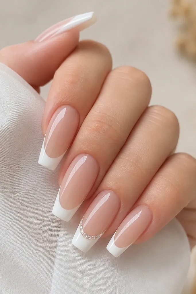 Coffin nails with sheer nude base; white French tips on all nails; only the ring finger and one accent nail have a single row of tiny clear rhinestones along the smile; glossy top coat.