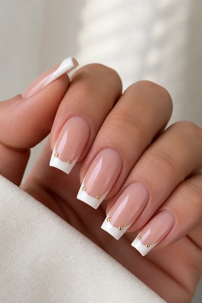 Coffin nails with sheer nude base; white French tips; at each side corner of the smile there are two tiny gold studs; glossy finish.