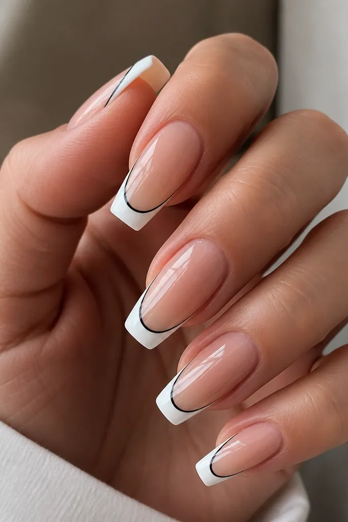 Coffin nails with sheer nude base; white French tips outlined with a super thin black line following the smile; glossy finish.