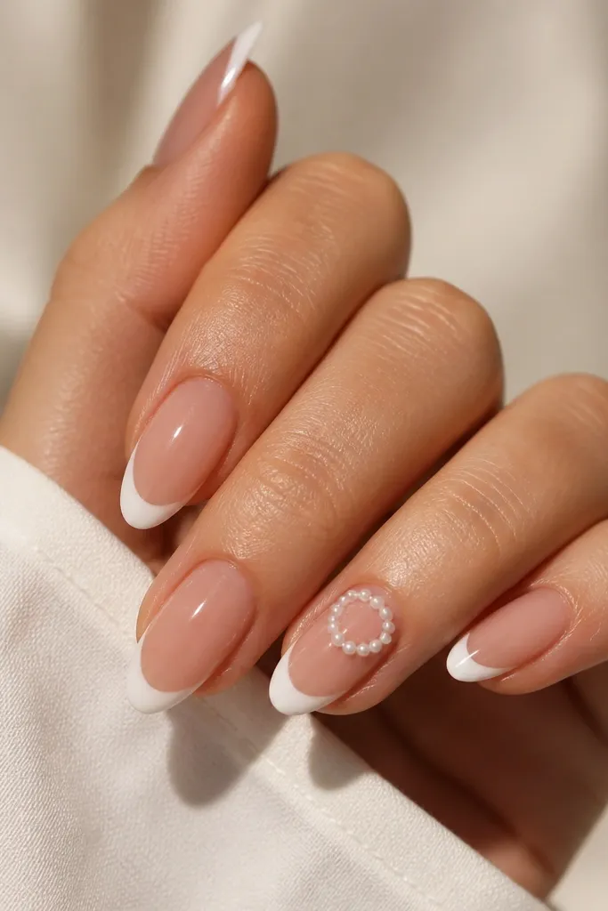 Coffin nails with sheer nude base and white French tips; one ring finger nail has a halo of tiny pearls around the smile line like a half crown; glossy finish.
