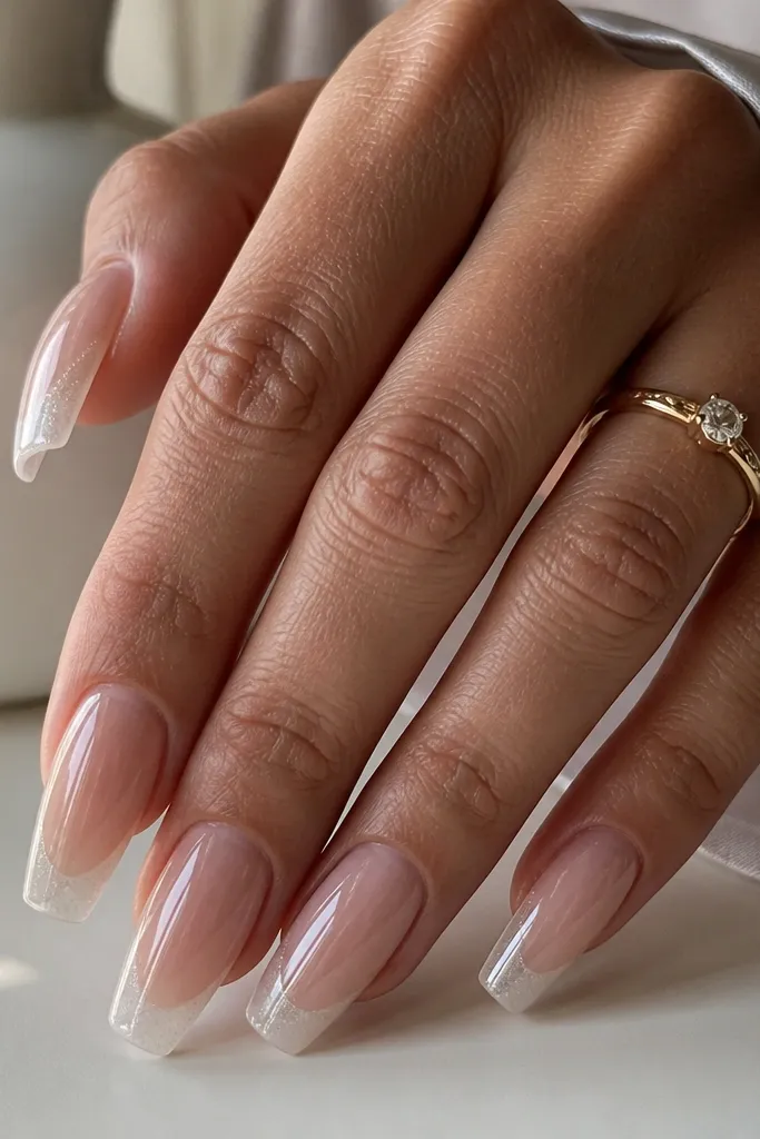 Coffin nails with sheer nude base; translucent white French tips covered with a clear glossy overlay; subtle micro shimmer visible only in the French area; glossy finish.