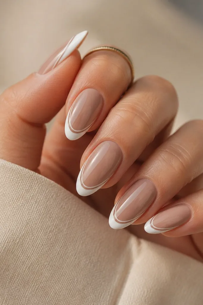 Coffin nails with taupe-beige nude base; white French tips; inside the French there is a thin taupe line closer to the smile; glossy finish.