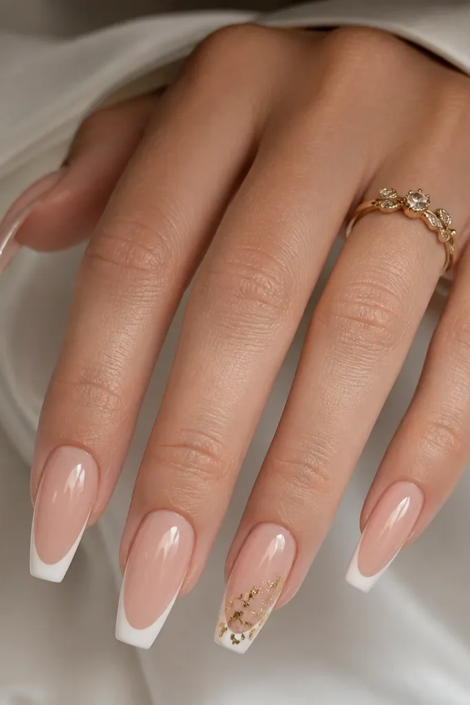 Coffin nails with sheer nude base; white French tips; on the ring finger, gold leaf is trapped under a clear cap within the French area; glossy finish.