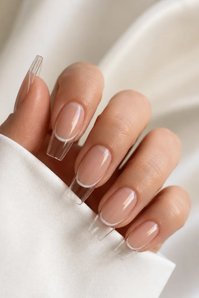 Coffin nails with sheer nude base; most of the tip is clear; a very thin white micro line runs along the smile; glossy finish.