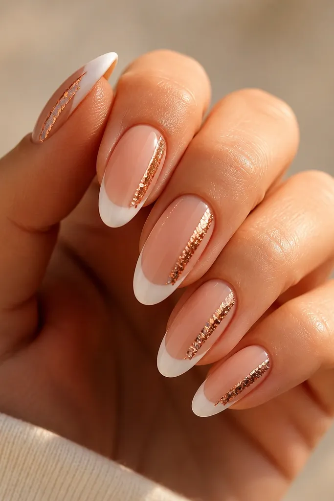 Coffin nails with sheer nude base; white French tips; on two nails, a thin rose gold foil strip runs diagonally along one side of the smile line; glossy finish.