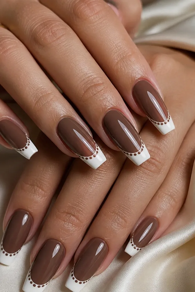 Coffin nails with deep chocolate-nude base; glossy white French tips; tiny caramel-brown micro dots scattered in a line near the smile; glossy finish.