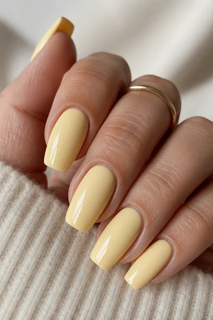 Short acrylic coffin nails in a warm butter-cream color with a mirror-like glossy topcoat; nails have smooth tapered sides and a clean, rounded coffin tip.