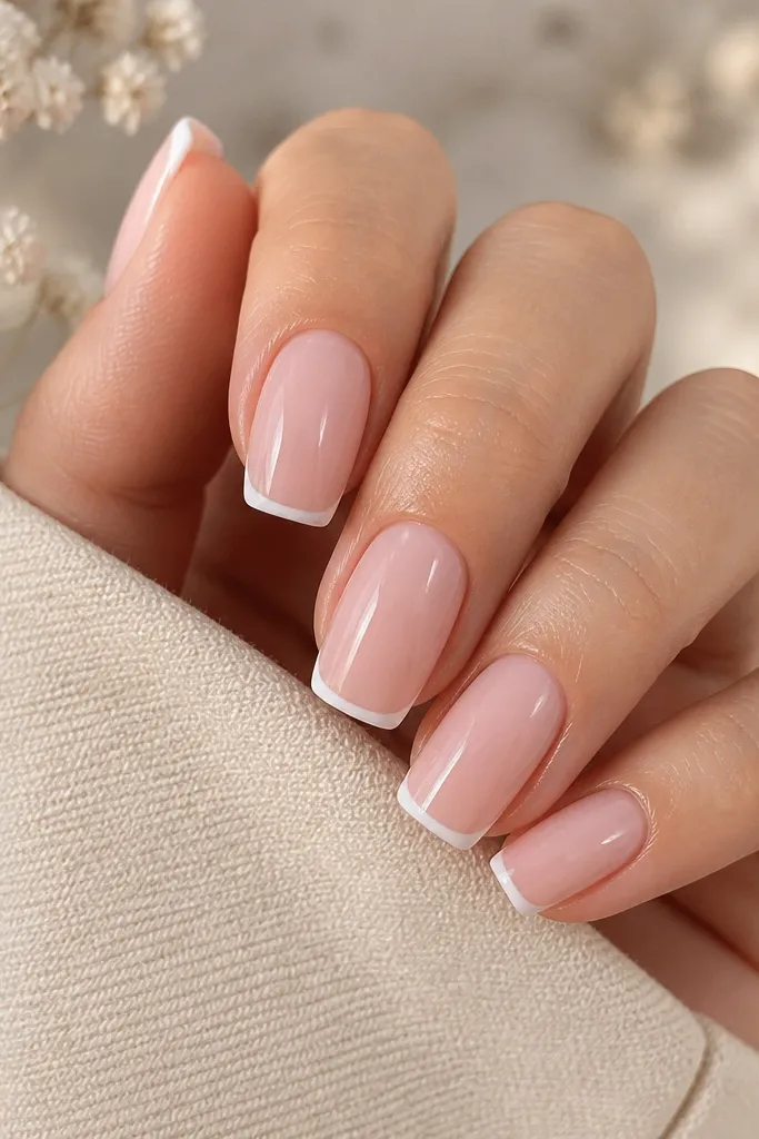 Short milky pink acrylic coffin nails with ultra-thin white French lines at the tips; the white sits close to the edge and stays crisp.