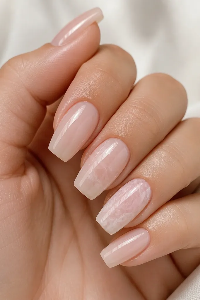 Short acrylic coffin nails with a sheer blush base; two nails have soft rose quartz marble veining in pale pink and white, all in a glossy finish.