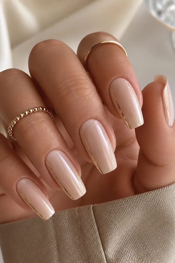 Short champagne nude coffin nails; each nail has a thin gold strip along one sidewall near the tip, with a high-gloss finish.