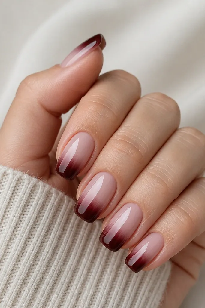 Short coffin nails with a deep black-cherry gradient at the tips fading into a glossy nude base; tips are rounded and glossy.