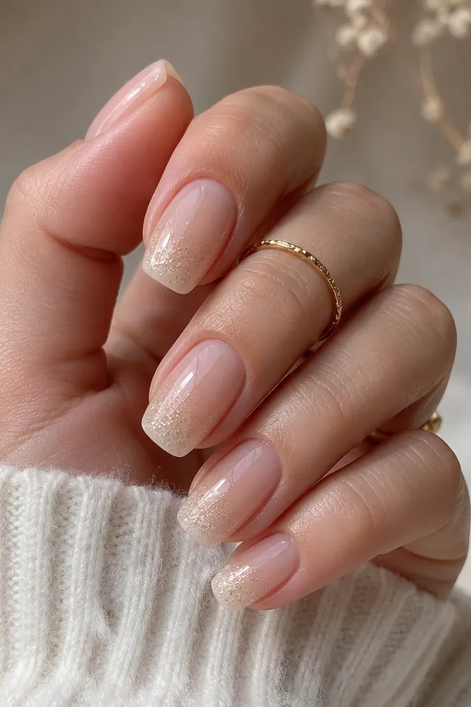 Short acrylic coffin nails with a sheer nude base and a soft vanilla glitter fade concentrated near the tips; glossy topcoat.